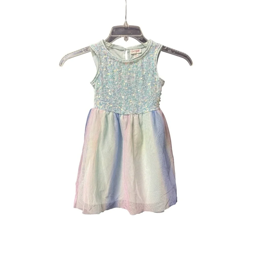 Cat & Jack Girls XS 4/5 Mint Sequin Tulle Party Dress Mermaid Pastel Rainbow